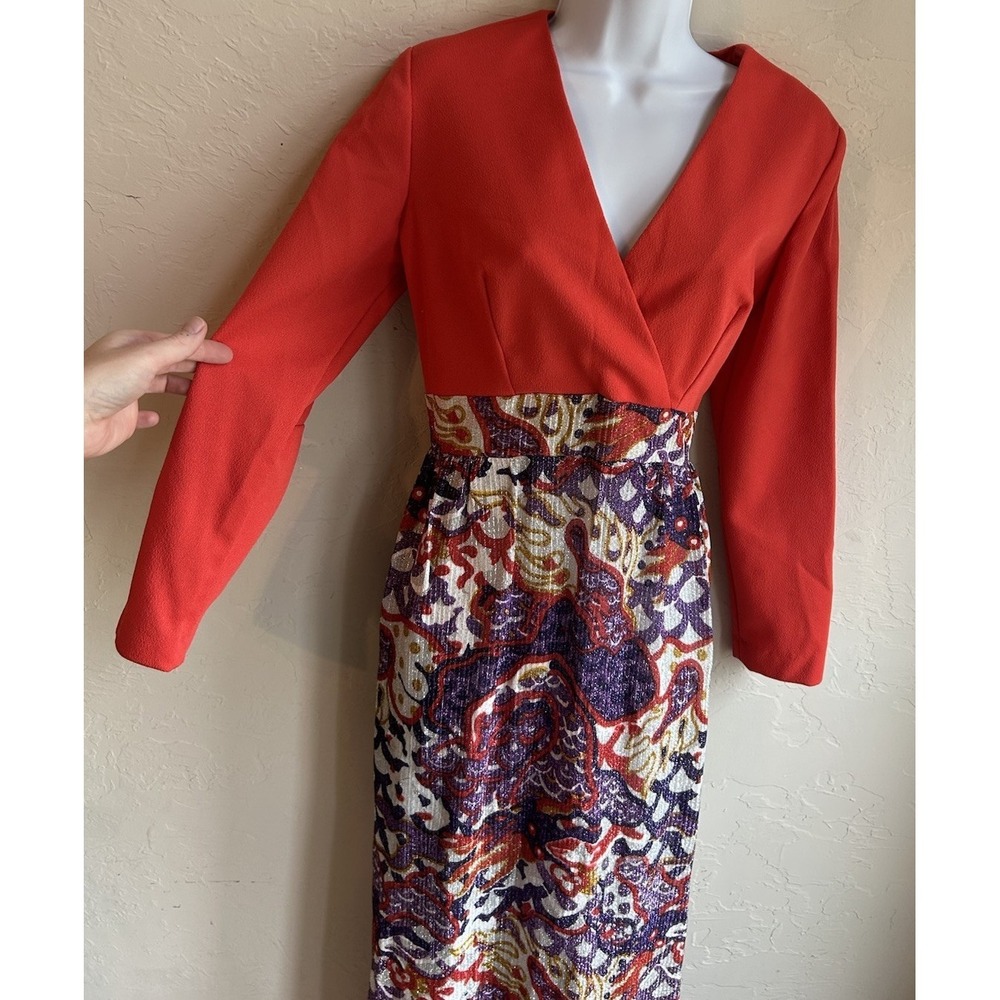 Vintage 1970s Metallic Paisley Maxi Dress M Red Empire Psychedelic Evening Gown - Picture 2 of 11